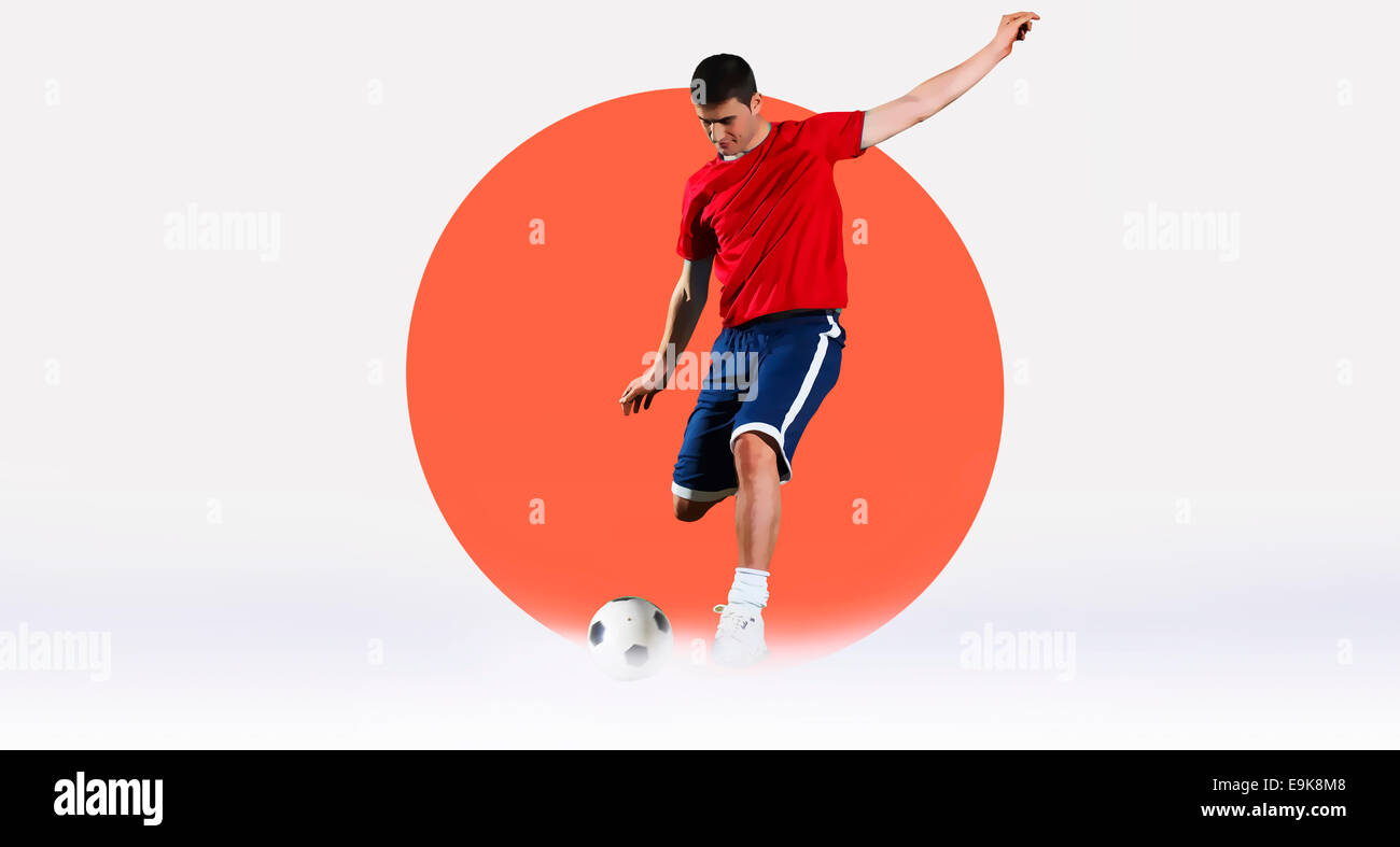 Football player shooting in front of Japan National Flag Stock Photo