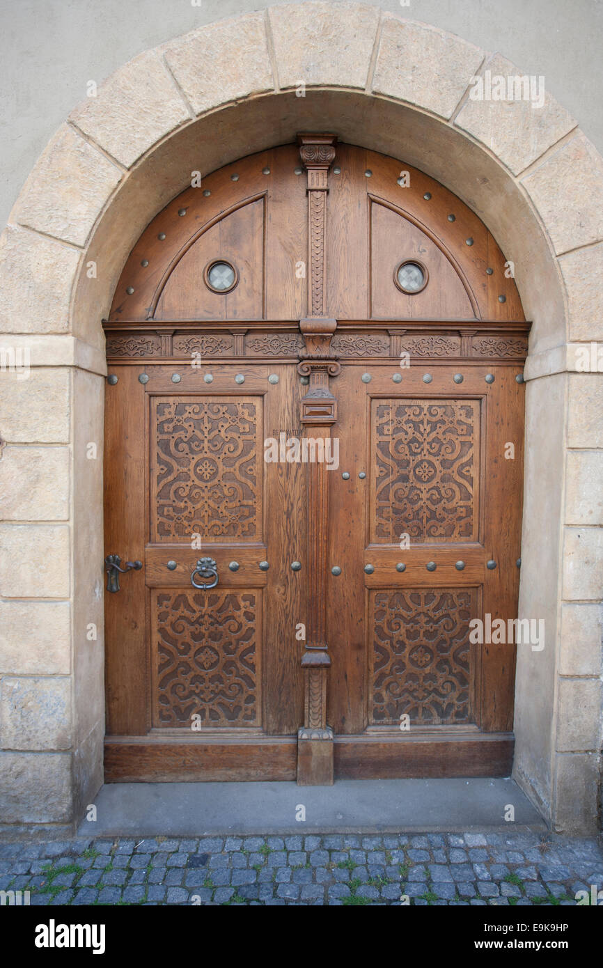Wooden closed door in Prague, Czech Republic Stock Photo