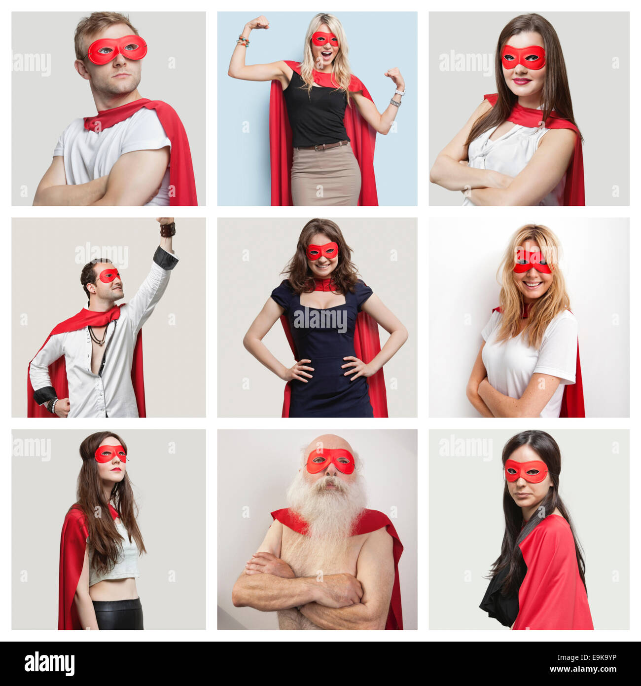 Collage of confident people wearing superhero costumes Stock Photo