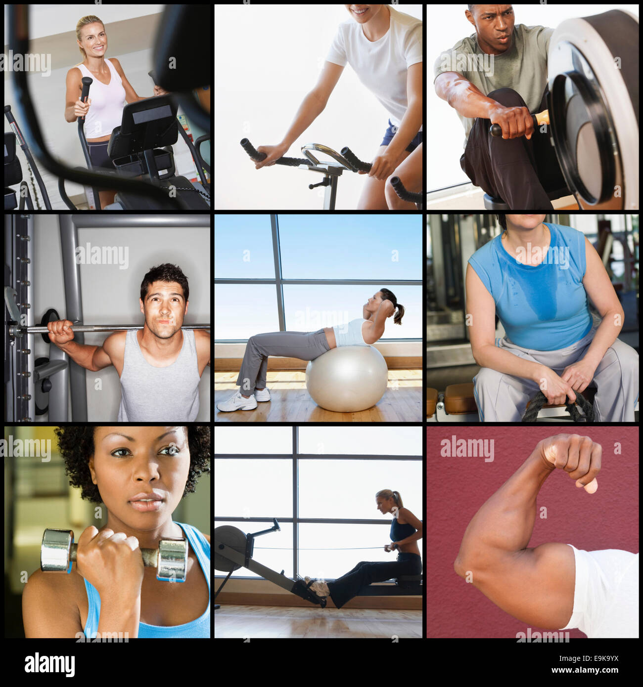 Collage people exercising in gym hi-res stock photography and