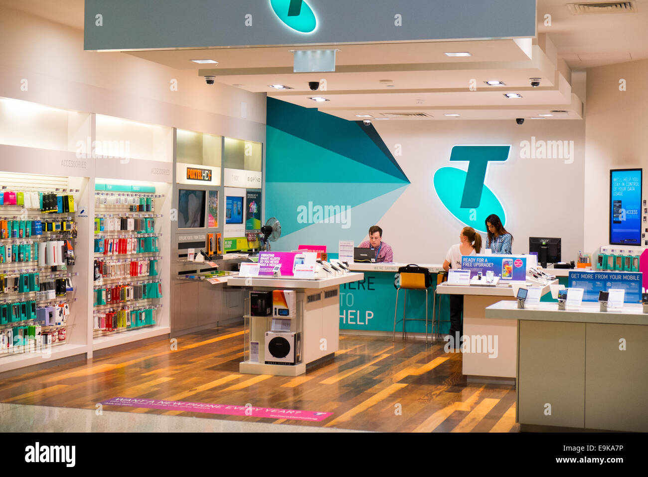 Telstra, the australian national telecomms carrier, store shop inside terminal 2 at kingsford smith airport,Sydney Stock Photo