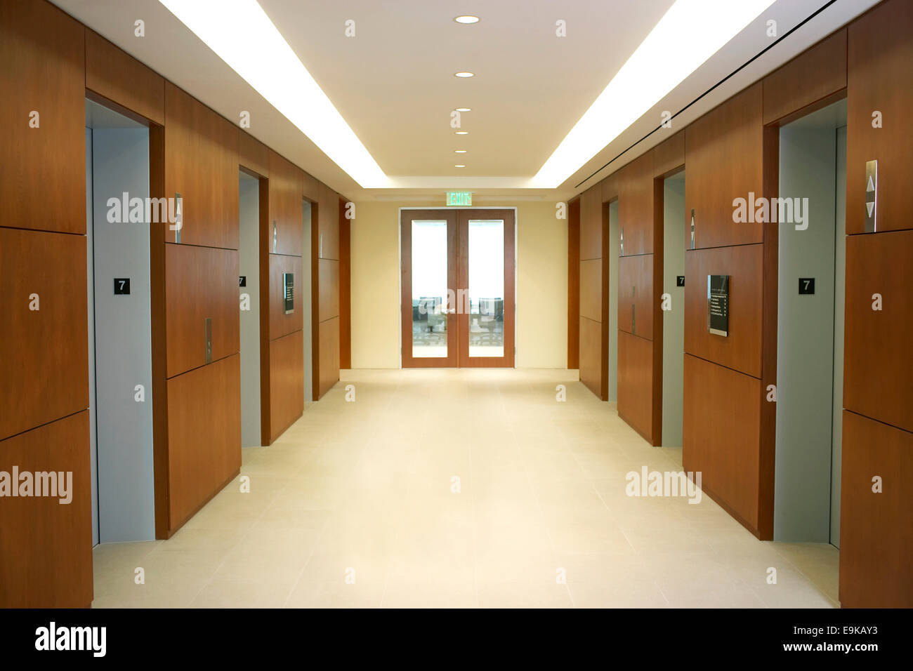 Empty hallway between elevators Stock Photo