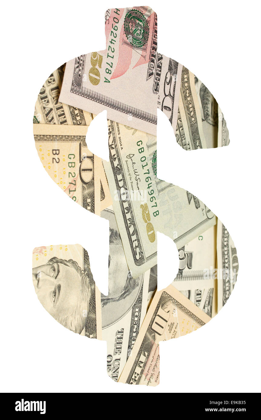 Digital composite image of banknotes in dollar sign over white background Stock Photo