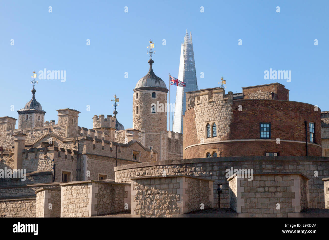 London skyline, concept of Old and New, Ancient and Modern; The Tower of London with the Shard; London England UK Stock Photo