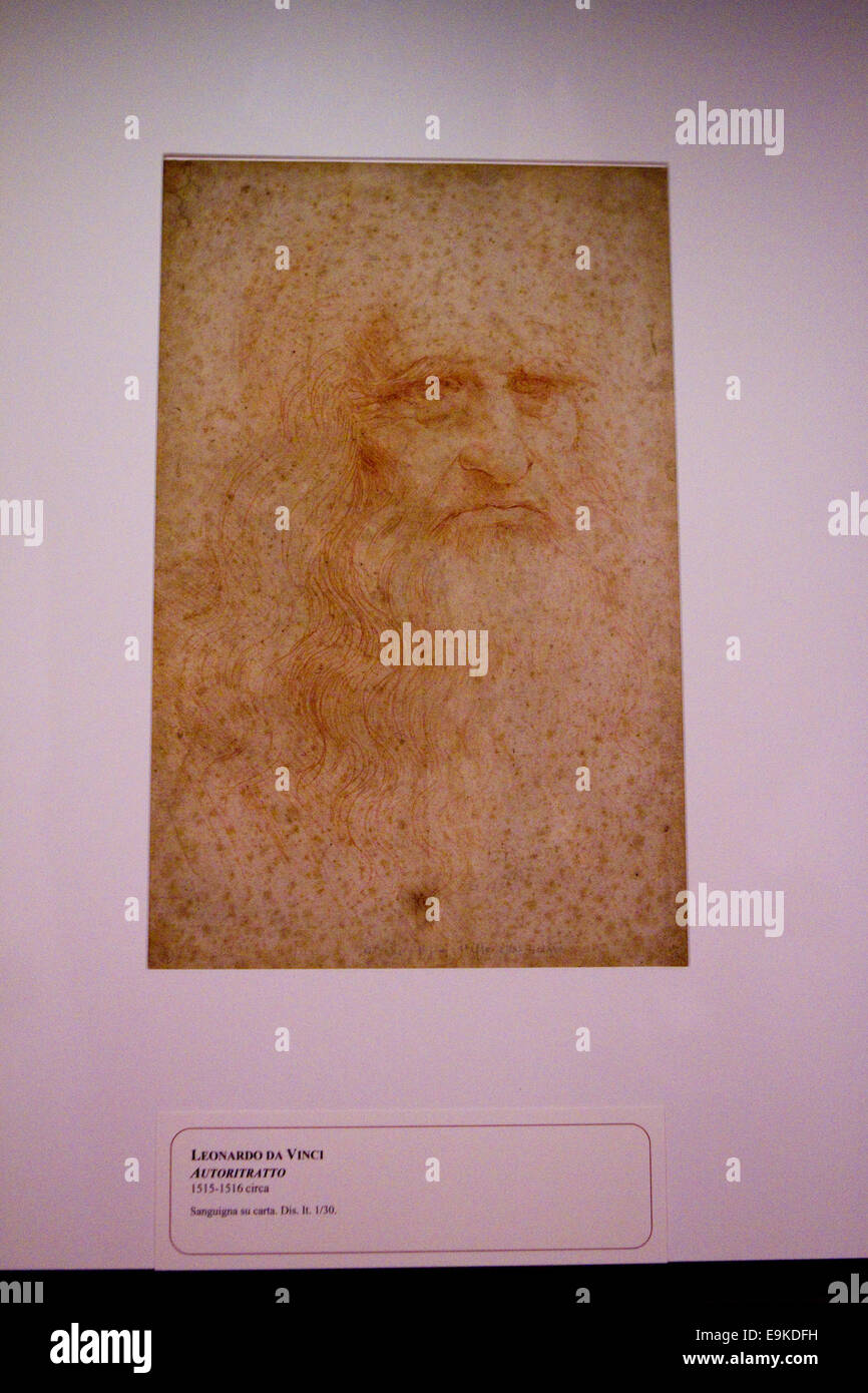 Torino, Italy. 28th October 2014. Leonardo da Vinci self portrait (portrait of a man in red chalk). An exhibition of Leonardo and other artist drawings opens in the vaults of the Royal Library of Torino, Italy. Stock Photo