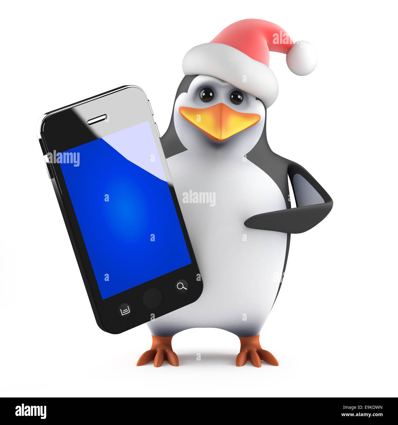 3d render of a penguin wearing a Santa Claus hat holding a smartphone Stock Photo