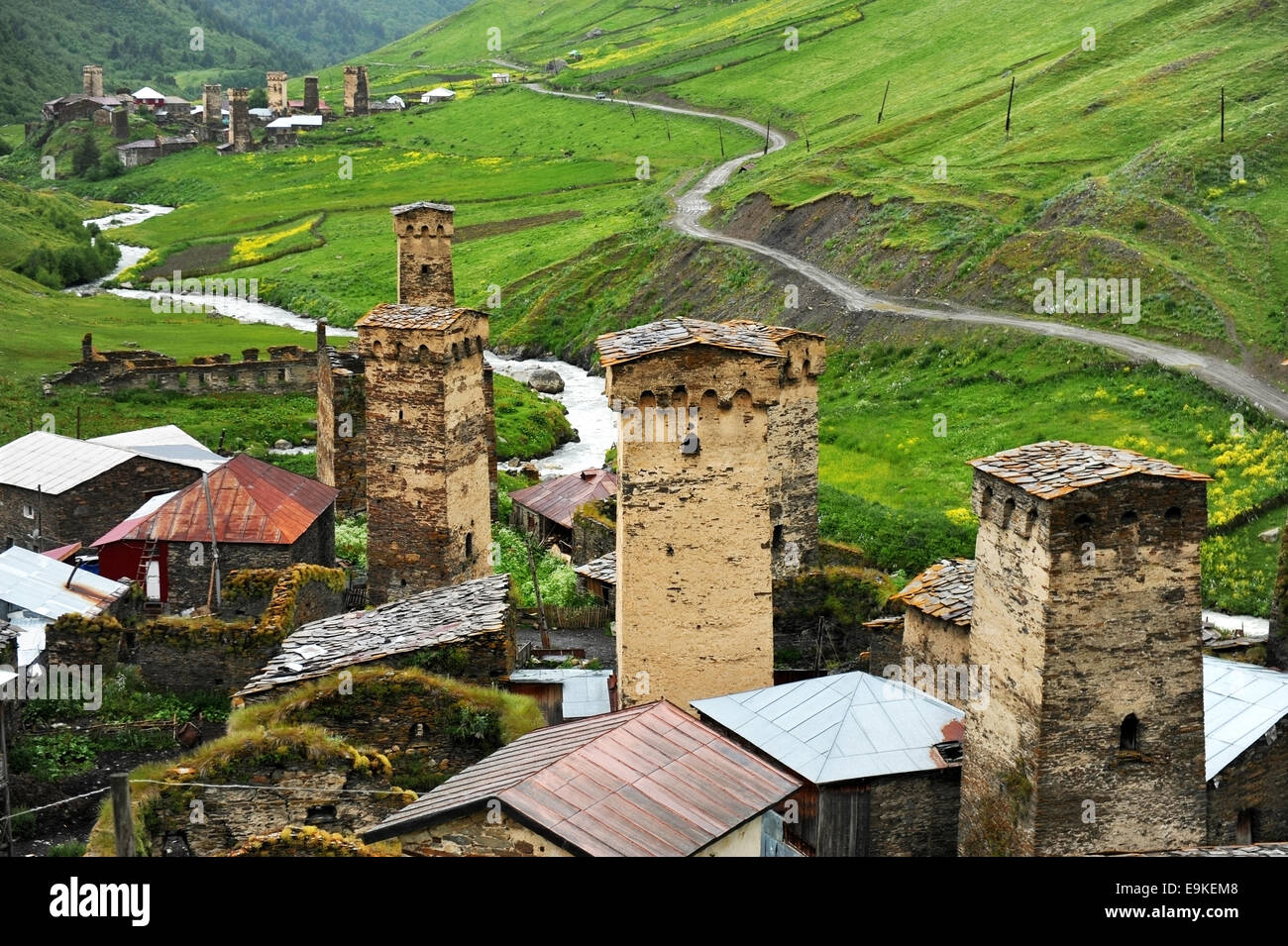 Ancient svan towers in Ushguli village in the upper Svaneti region in Georgia Stock Photo
