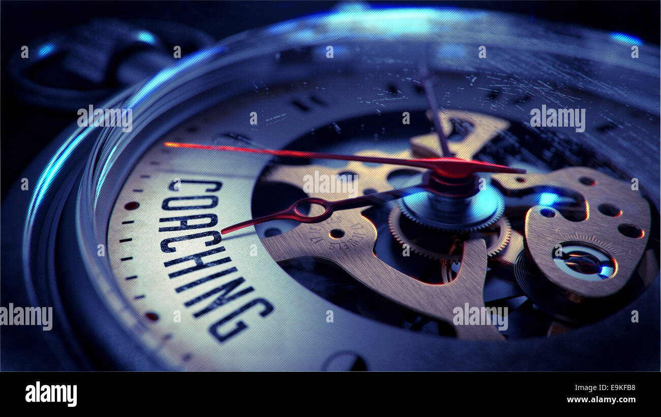 Coaching on Pocket Watch Face with Close View of Watch Mechanism. Time Concept. Vintage Effect. Stock Photo