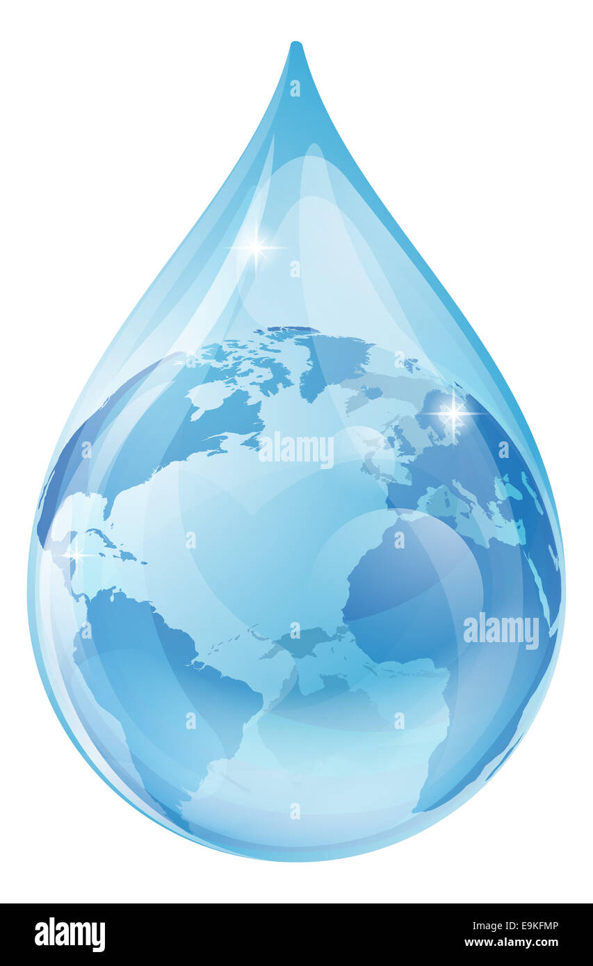 An illustration of a water drop with a globe inside. Water drop earth globe environmental concept Stock Photo