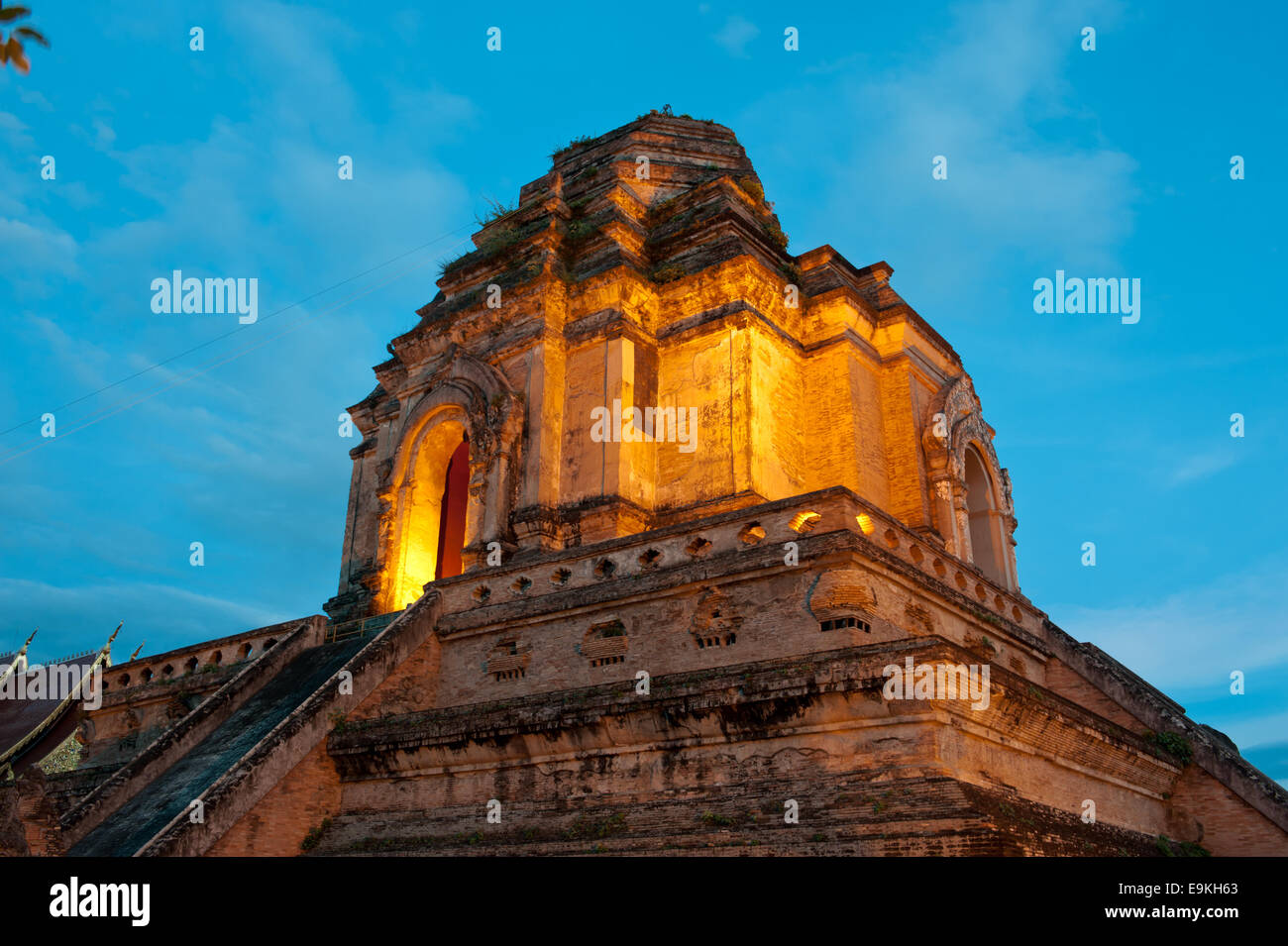 Wat Chedi Luang stupa at dusk in Chiang Mai, Thailand. Stock Photo