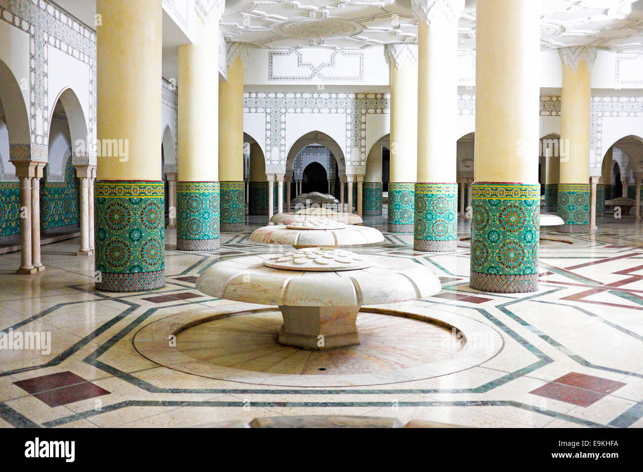 Interior arches and mosaic tile work of hammam turkish bath in Hassan II Mosque in Casablanca, Morocco. Stock Photo