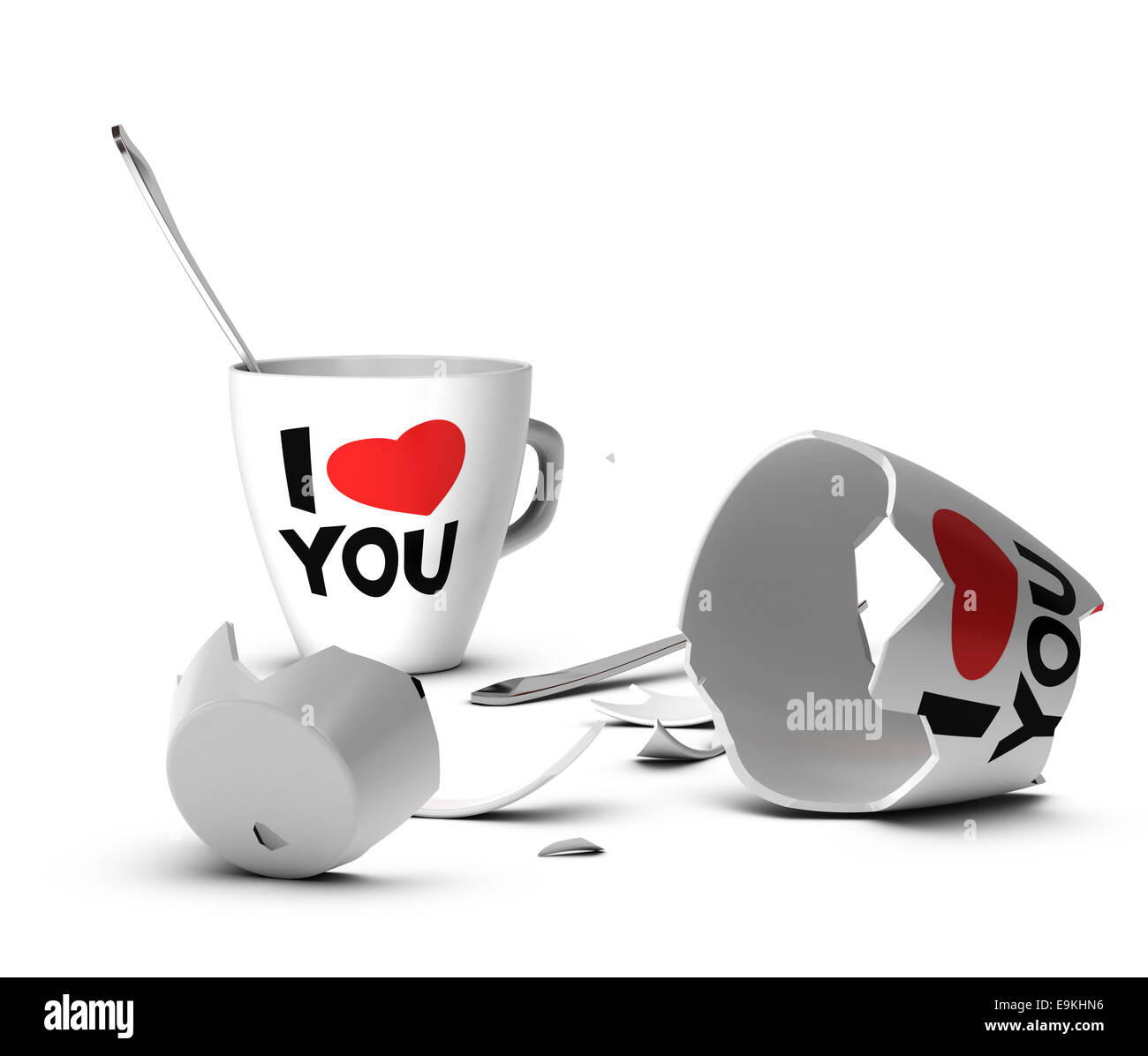 Broken mug with I love you printed on it symbol of domestic violence or end of love Stock Photo