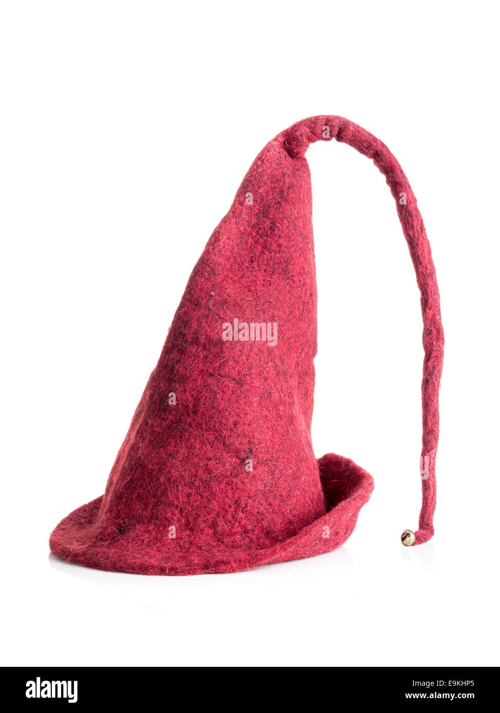 Red felt elf hat shot on white Stock Photo