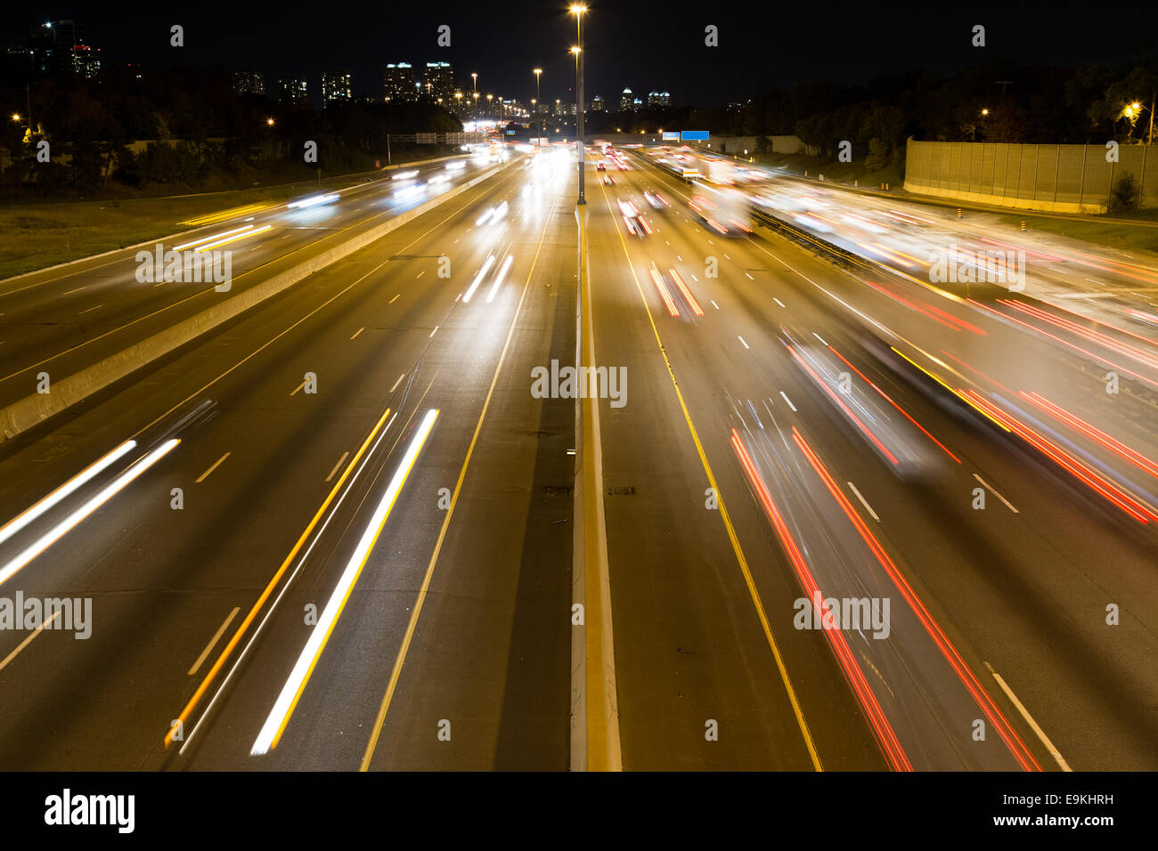 A view of Short Light trails on a highway Stock Photo