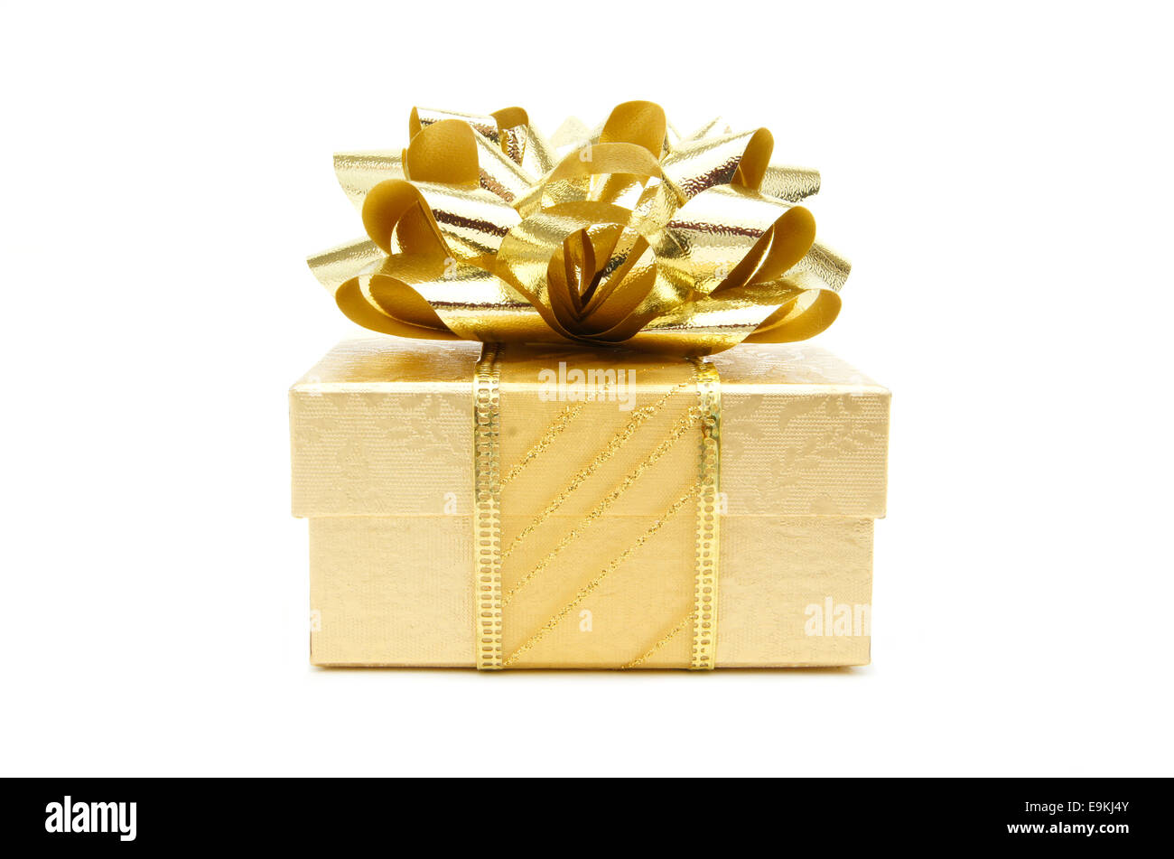 Gold Christmas gift box with bow and ribbon over a white background ...