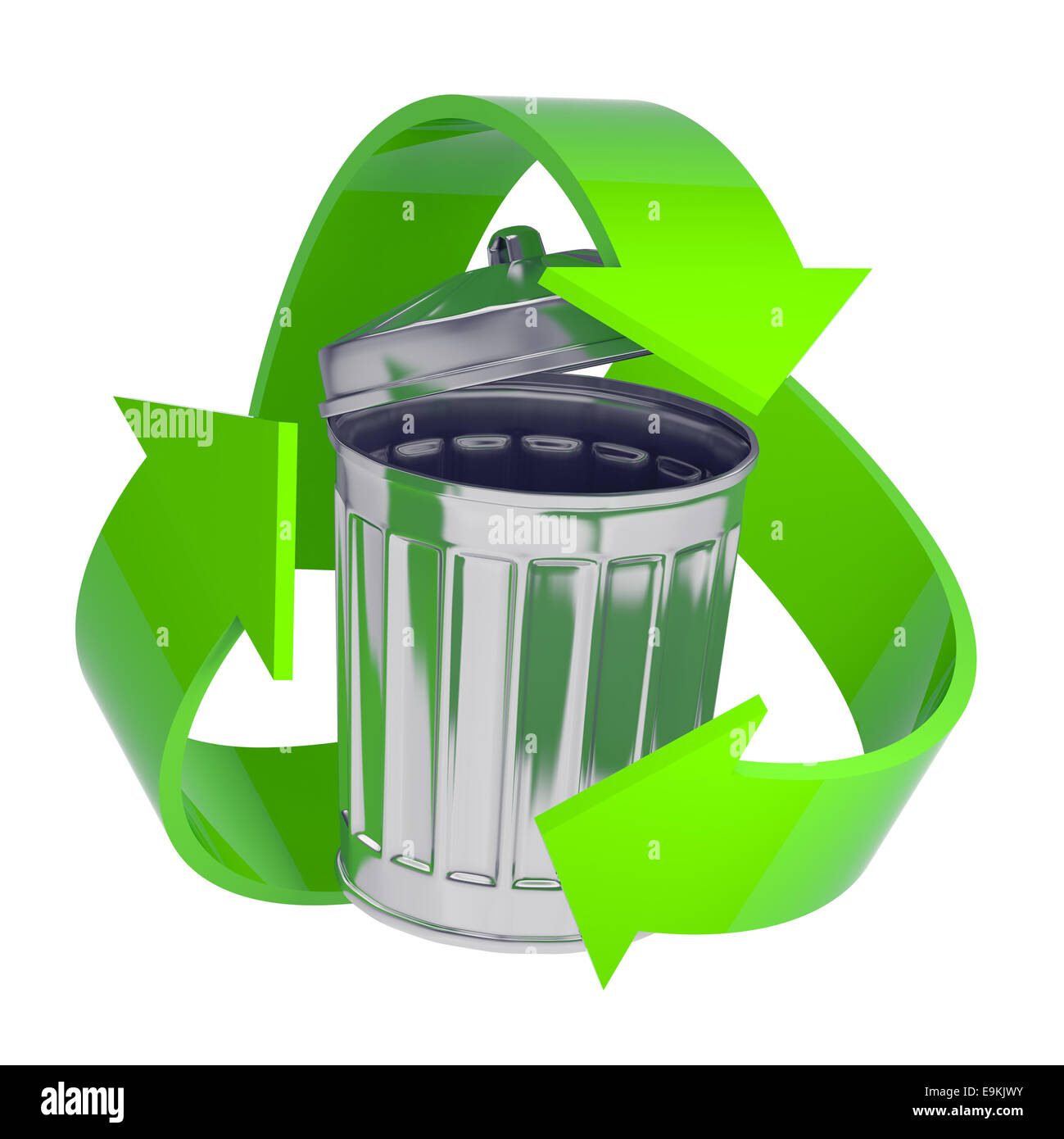 3d render of a galvanized steel rubbish bin surrounded by a green recycle symbol Stock Photo