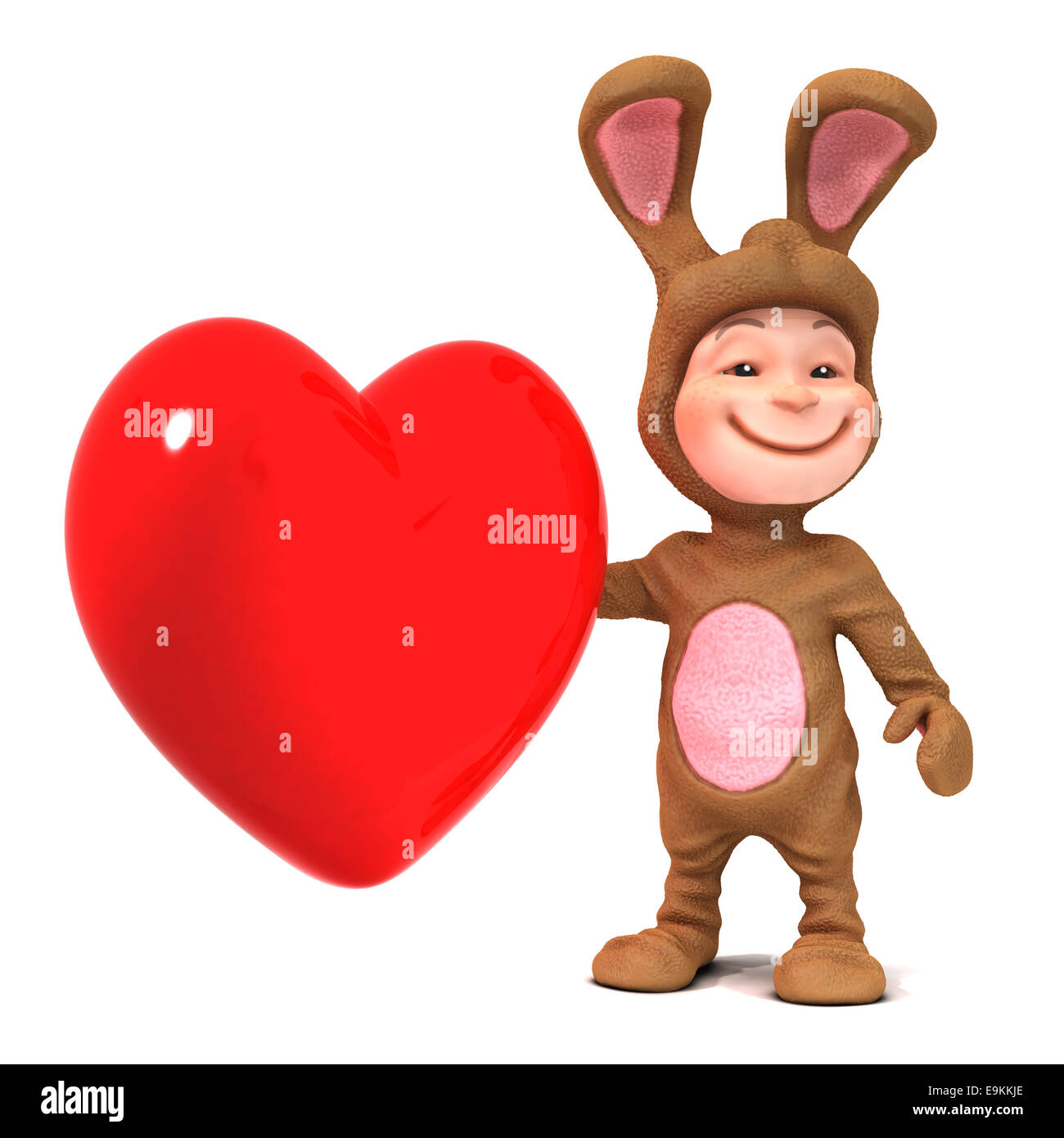 3d render of a child wearing a bunny rabbit costume next to a red heart Stock Photo