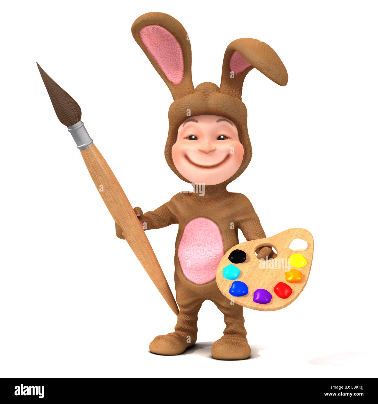 3d render of a child wearing a bunny rabbit costume with paint brush and palette Stock Photo