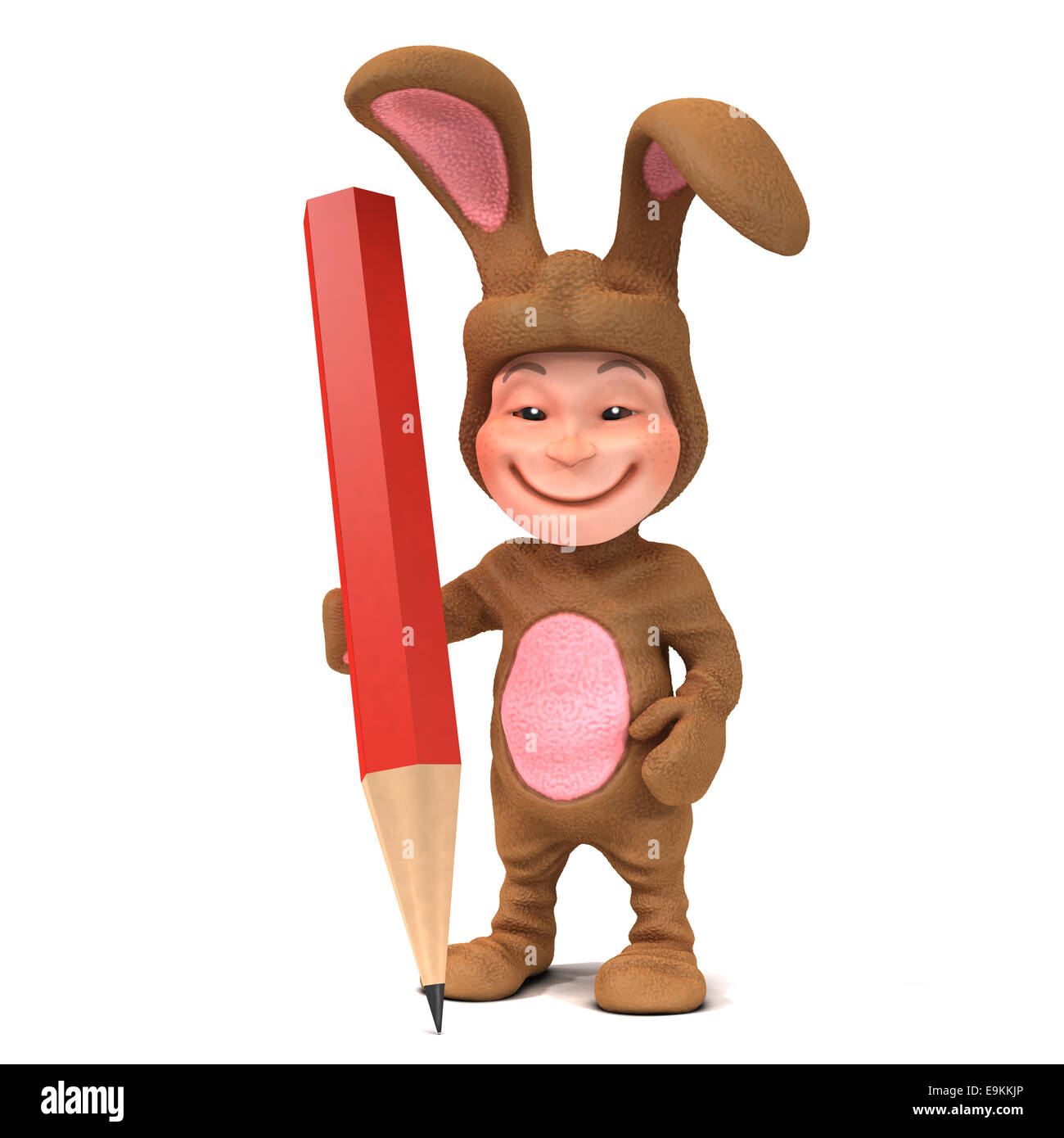 3d render of a child wearing a bunny rabbit costume holding a pencil Stock Photo
