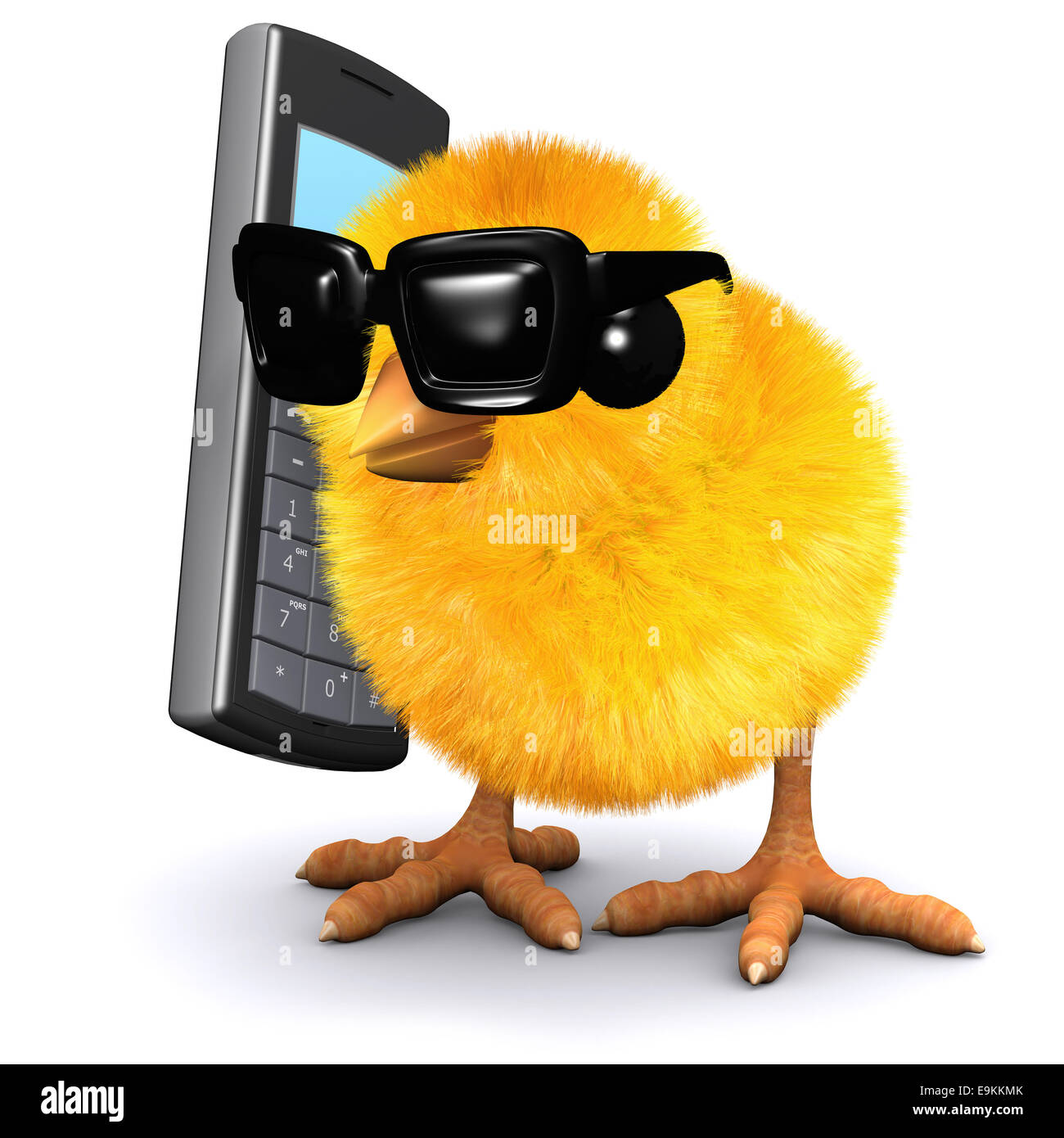 3d render of a chick wearing sunglasses chatting on a mobile phone Stock Photo