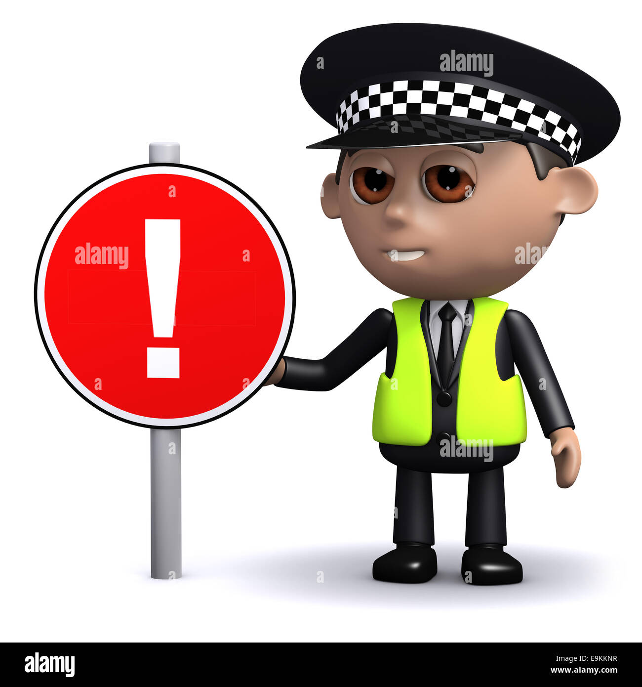 3d render of a police officer with a road sign with an exclamation sign ...