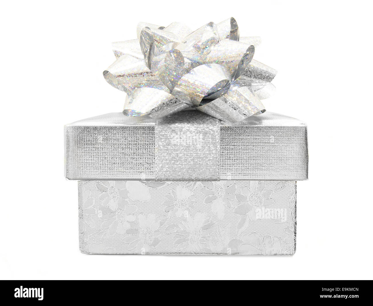 Silver Christmas gift box with bow isolated on white Stock Photo - Alamy