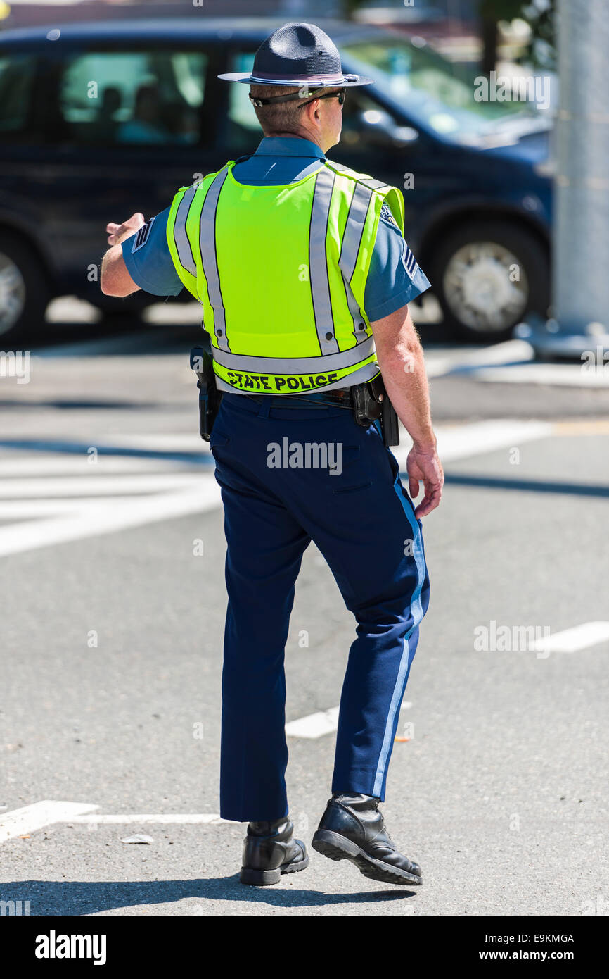 A State Police Trooper on traffic duty in downtown Boston Massachusetts, USA. Stock Photo