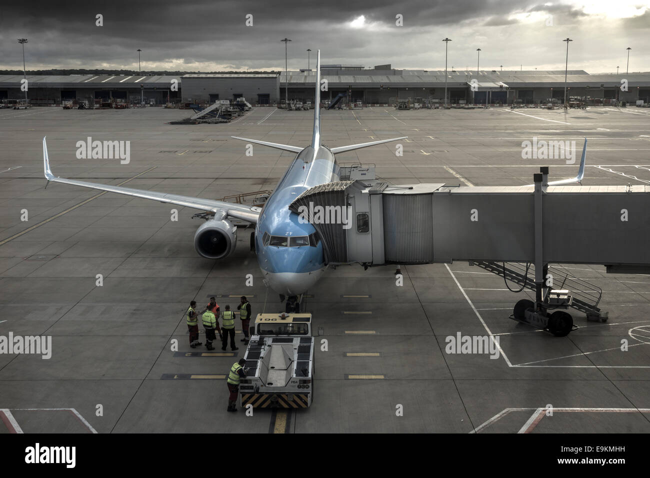 A Thompson Holiday Boeing 737 prepares to depart from its gate at Stansted Airport in  the UK. Stock Photo