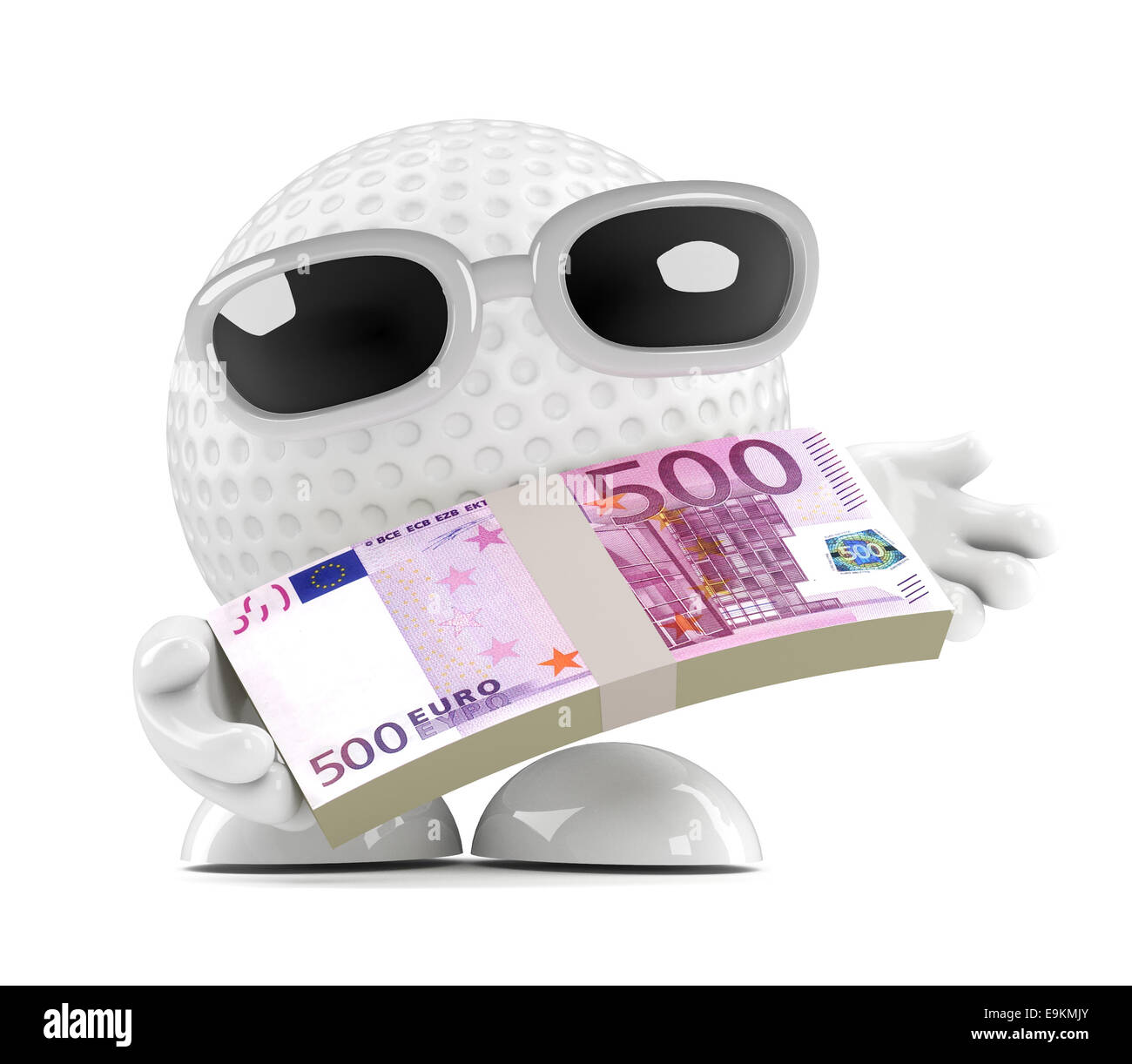 3d render of a golf ball character holding Euro currency banknotes ...