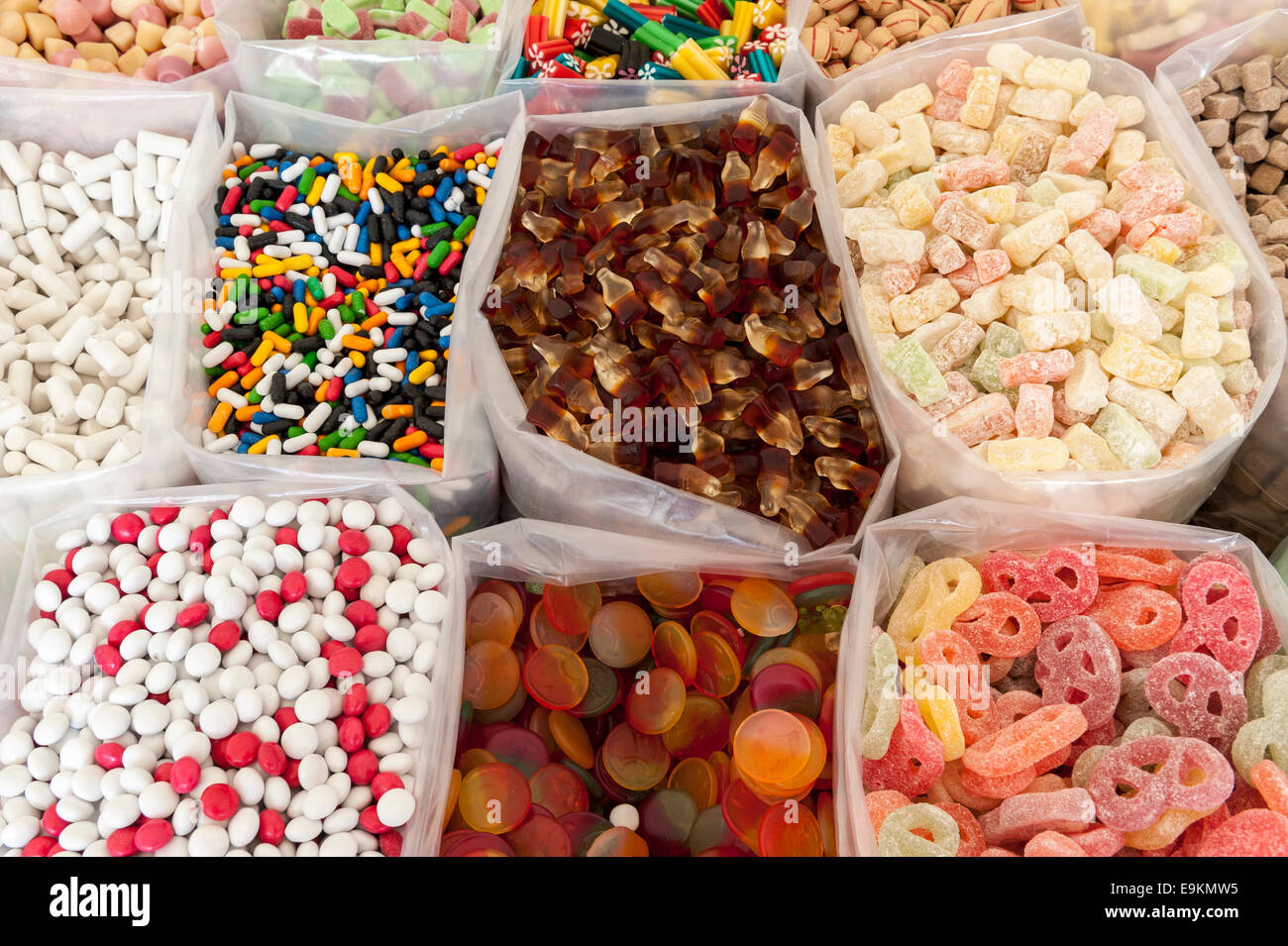 Closeup of sweets in open bags at a market in Amersfoort, Netherlands Stock Photo