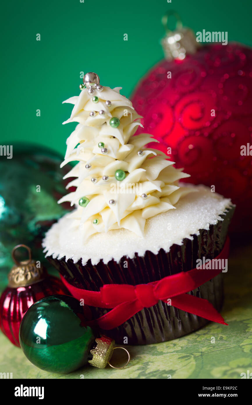 Cupcake with buttercream Christmas tree Stock Photo