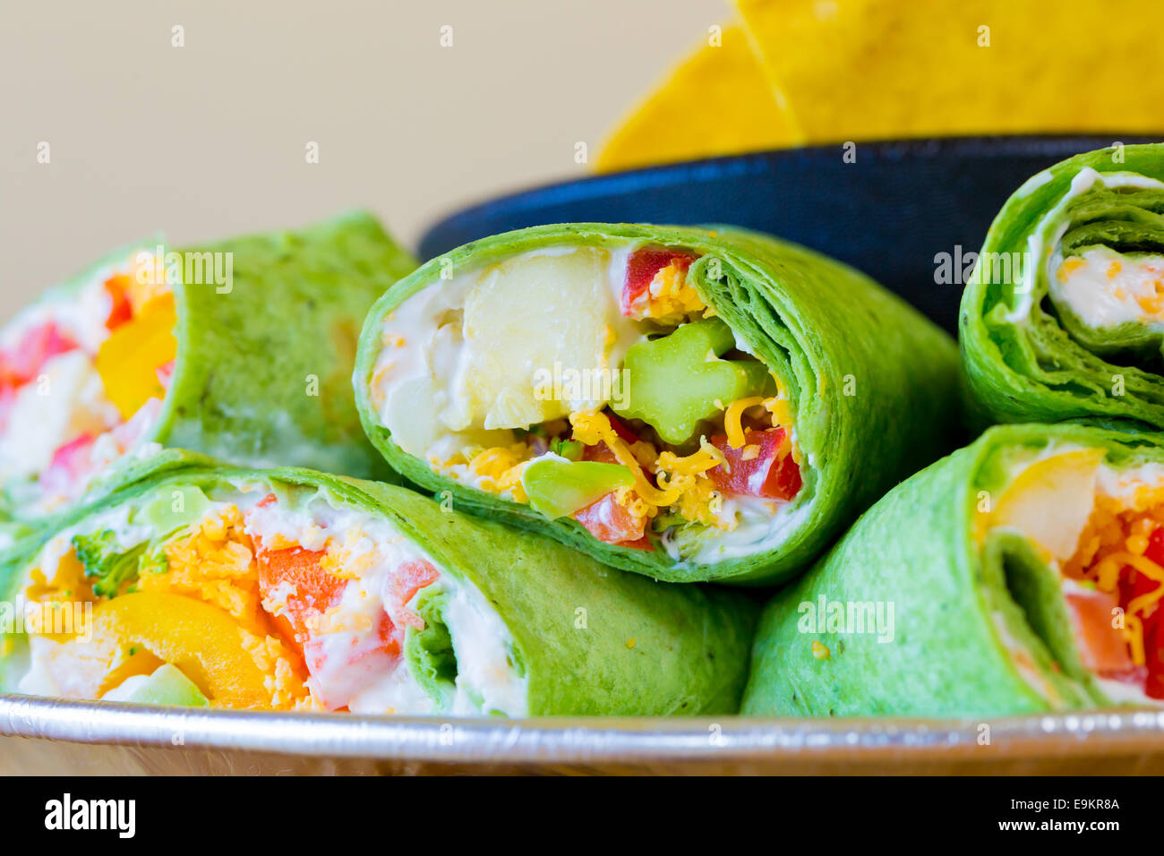 Mexican restaurant offering a gluten-free alternative to their traditional cuisine with these vegan veggie vegetarian wraps. Stock Photo