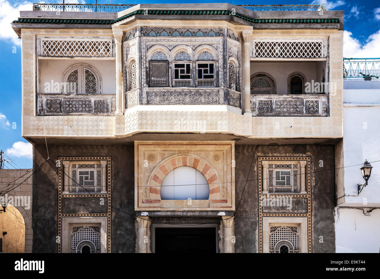 Ornate carved stucco facade of an Arabian house in Sousse,Tunisia. Stock Photo
