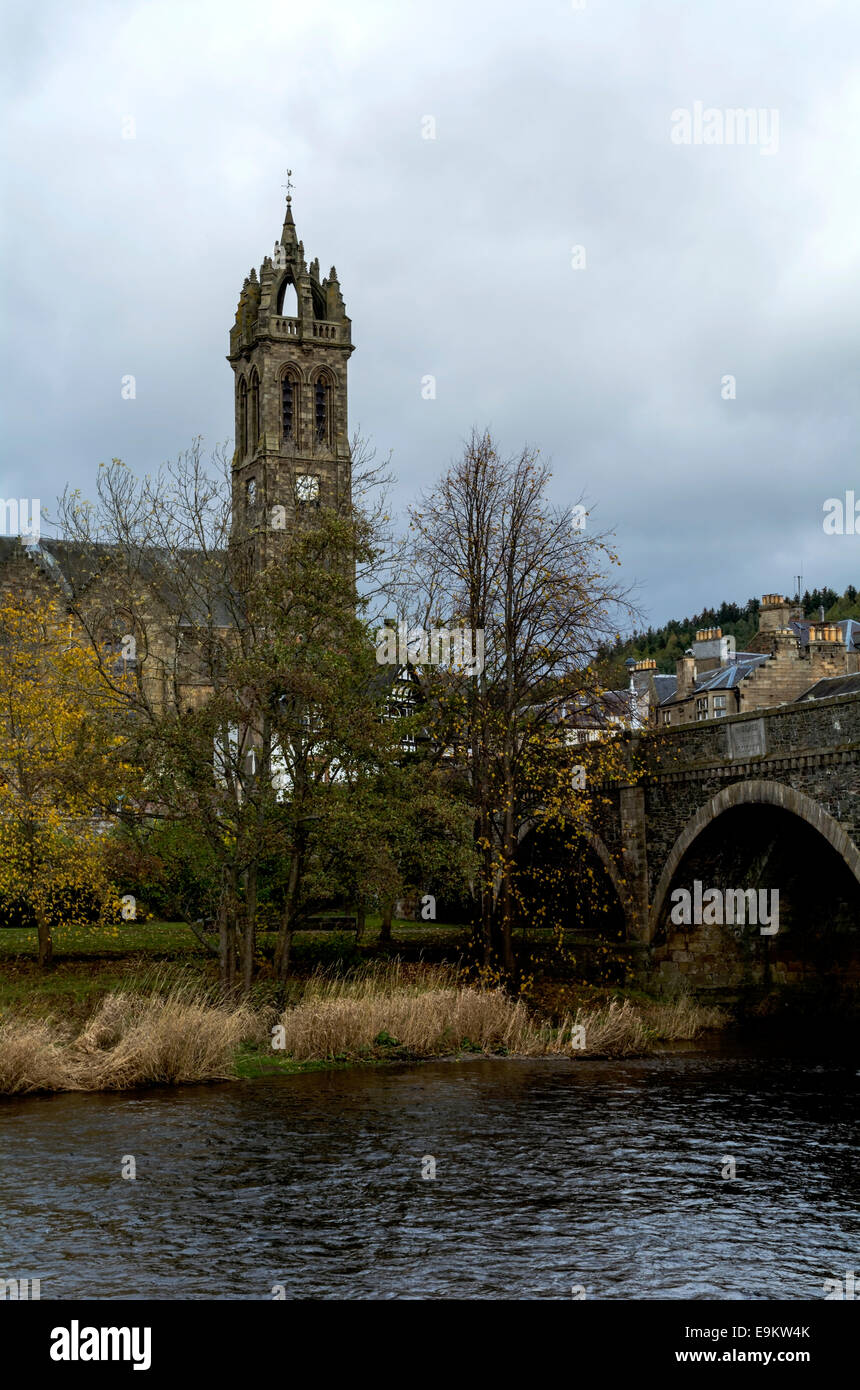 The crown spire of the Old Parish Church beside the River Tweed in Peebles, Scotland. Stock Photo