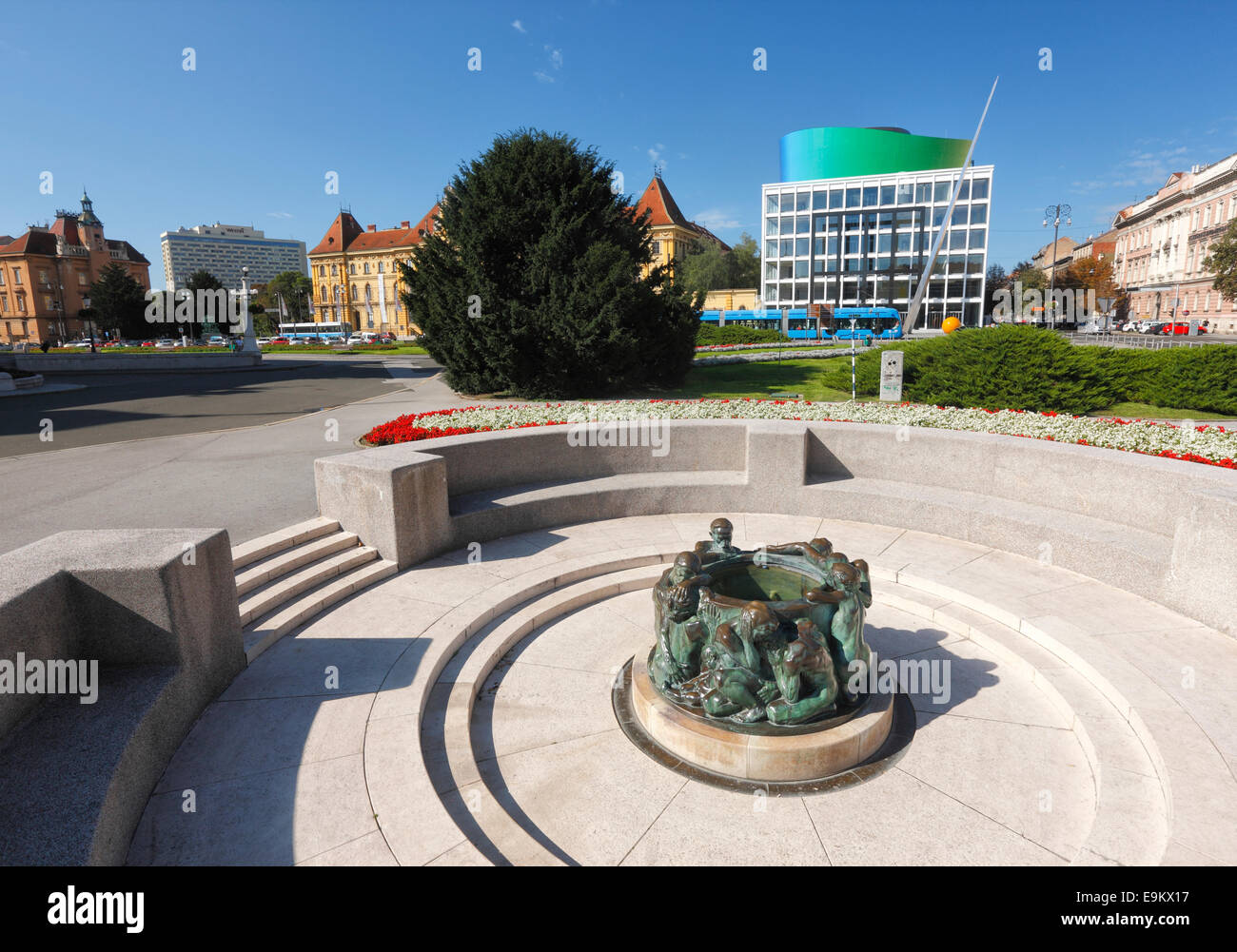 Zagreb Academy of Music and fountains The Well of Life - Ivan Mestrovic Stock Photo