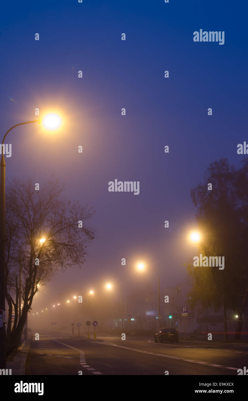 night scene at foggy street Stock Photo