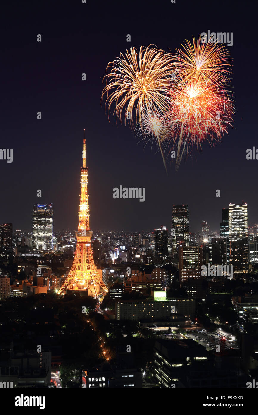 Fireworks celebrating over Tokyo cityscape at night, Japan Stock Photo ...