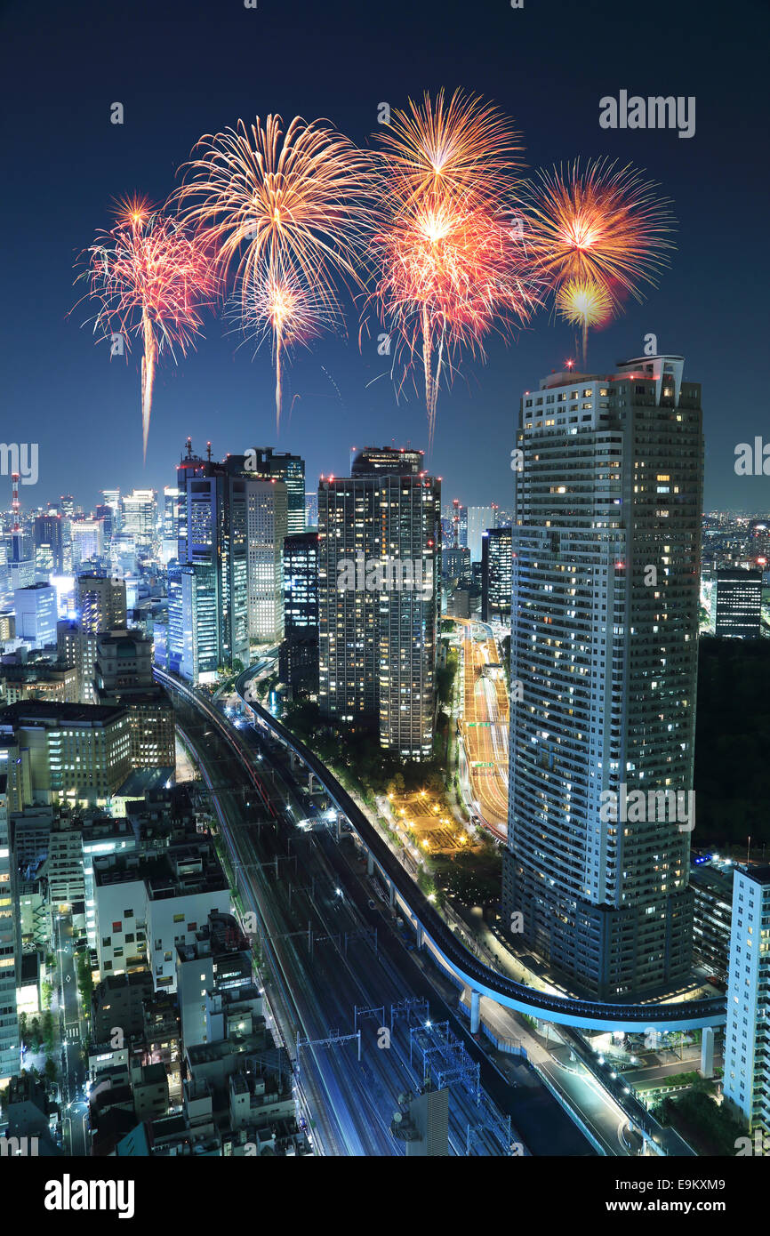 Fireworks celebrating over Tokyo cityscape at night of Japan Stock ...