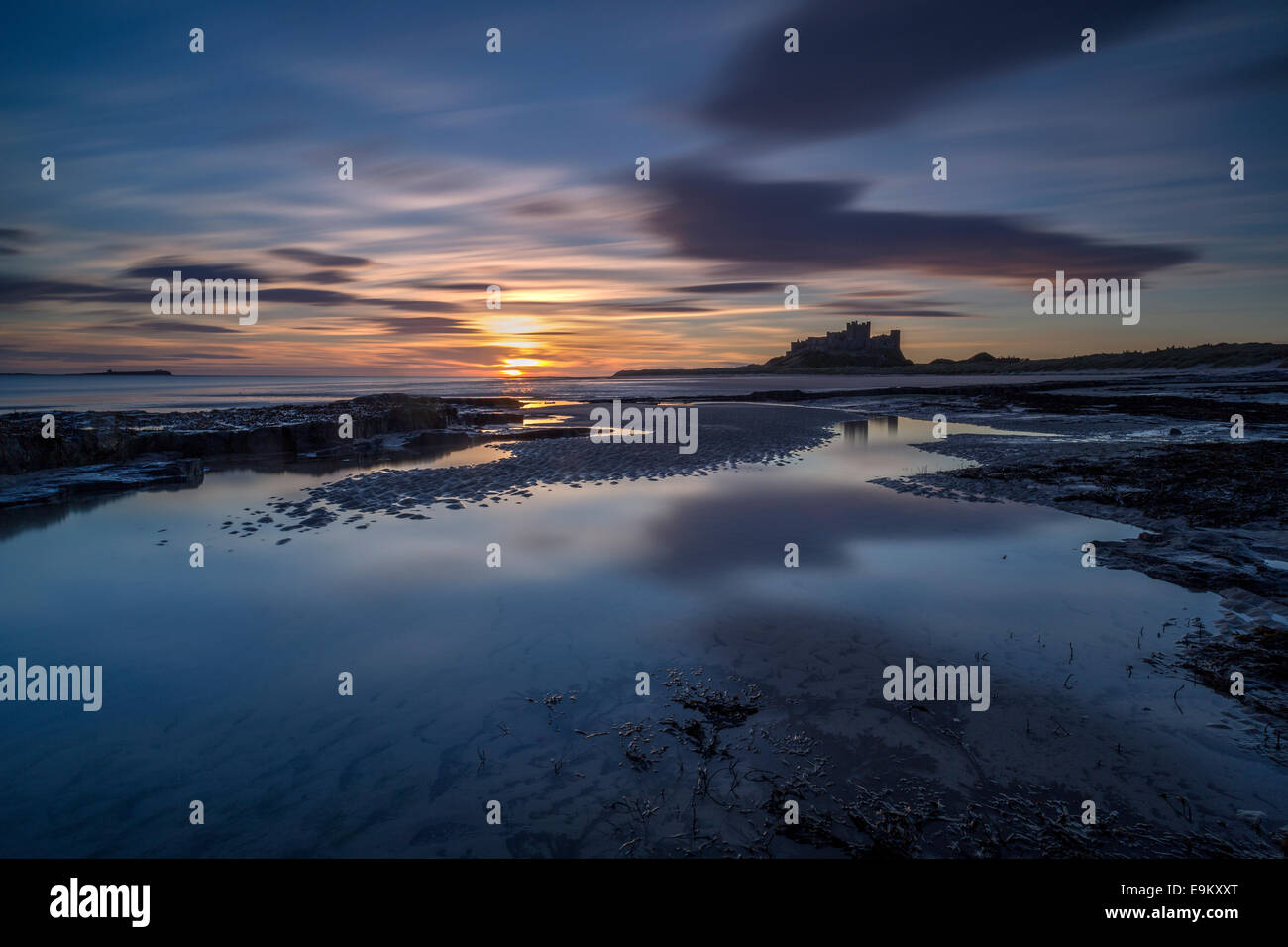 Bamburgh Castle Sunrise, October 2014, Northumberland, England. Stock Photo