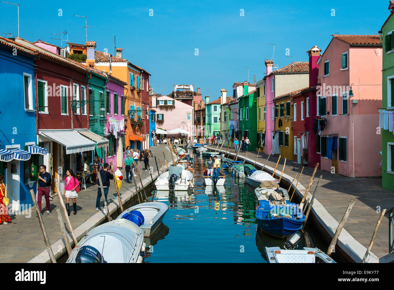 Water canal and colourfully painted houses in Burano island, Venice, Veneto, Italy Stock Photo