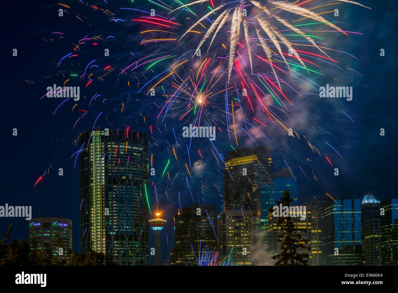 Canada Day Fireworks, Calgary, Alberta, Canada Stock Photo