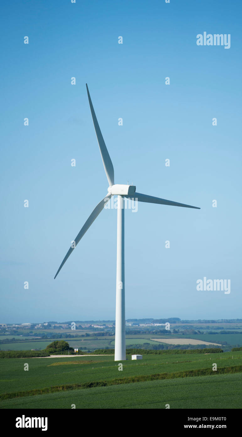 Wind turbines producing renewable, green energy from wind power in Cornwall, England. Stock Photo