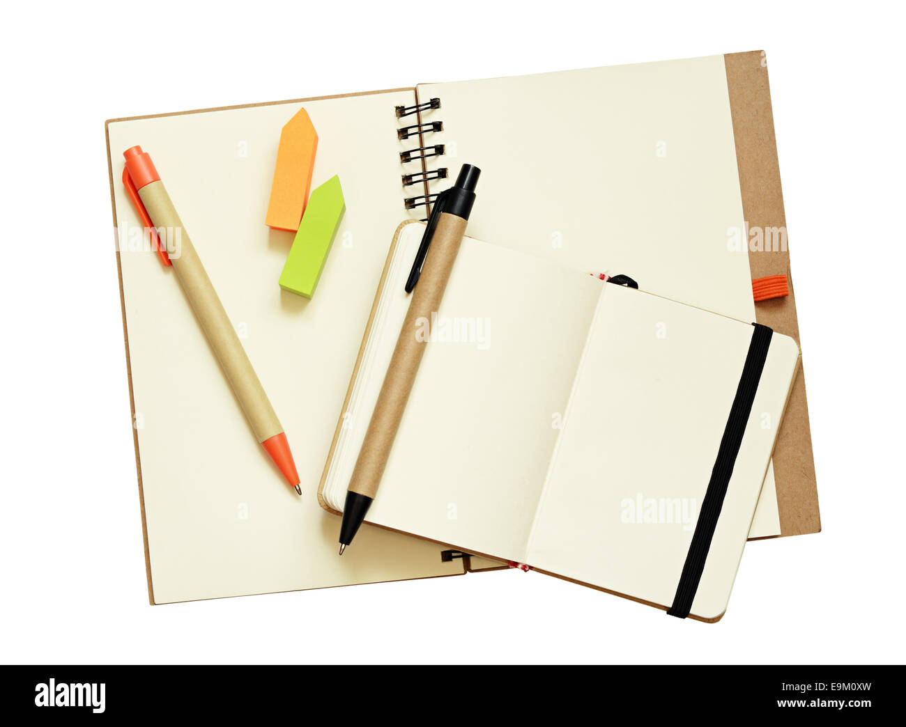 Opened notebooks and pens isolated on white Stock Photo
