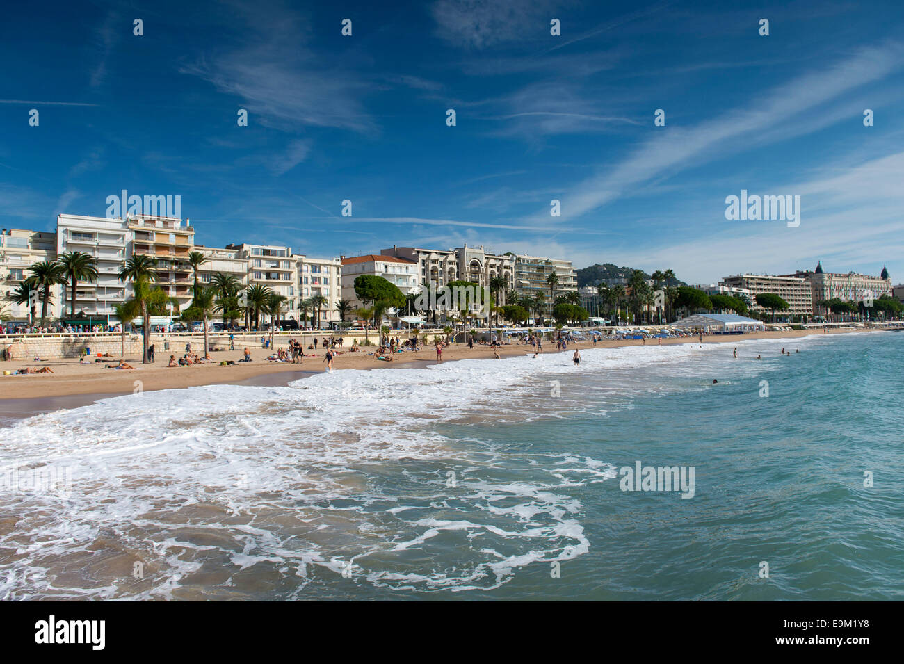 General view of the beach at Cote D Azur in Cannes, South of France, off the La Croisette road. Stock Photo