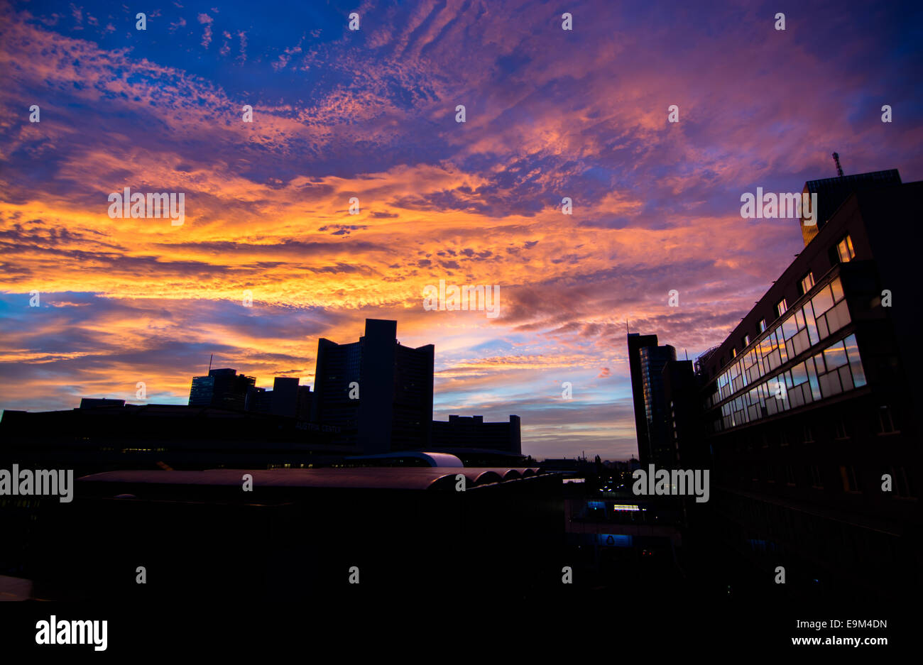 Sunrise Over UNO City The United Nations Office Buildings In Vienna Austria Stock Photo