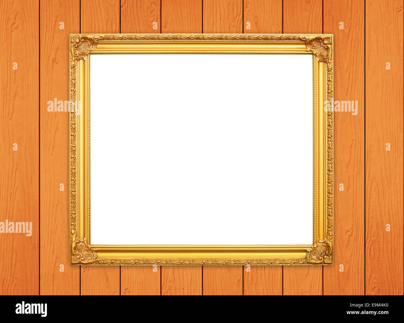 blank golden frame on wood wall background Stock Photo Alamy