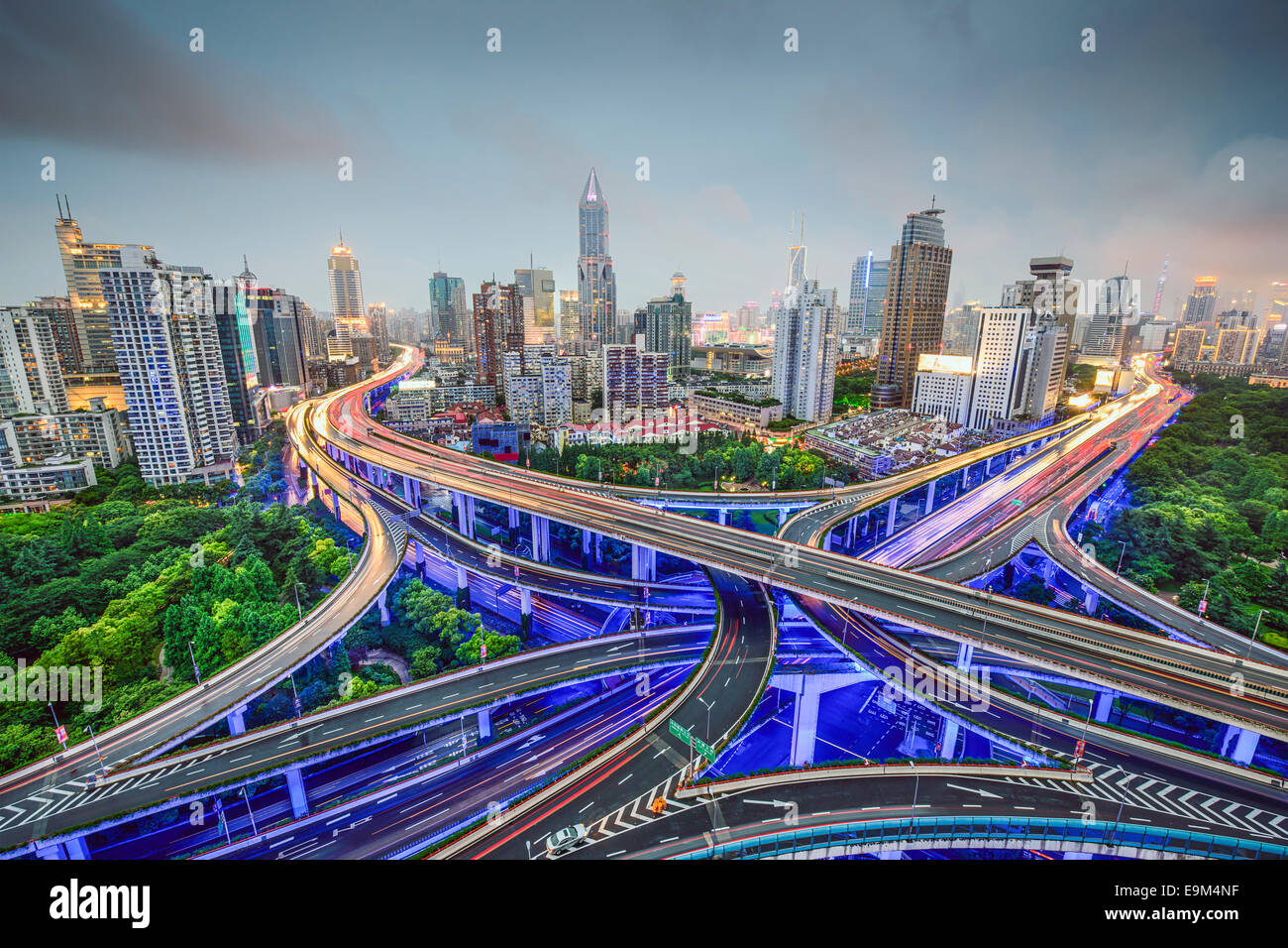 Shanghai, China cityscape obove highway junctions. Stock Photo