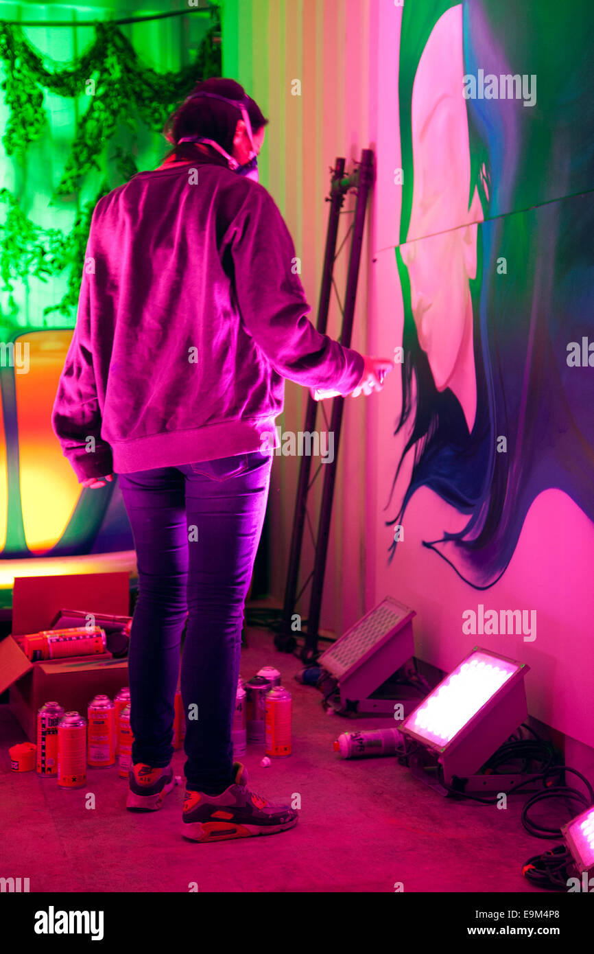 Spray paint artist in York, UK. 29th October, 2014. Masked Harriet Wood