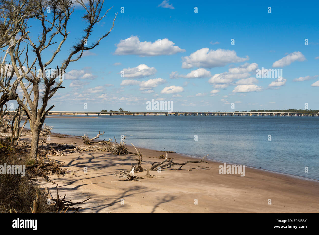 This is the view from the beach at Big Talbot Island, Florida. The bridge leads to Amelia Island. Stock Photo