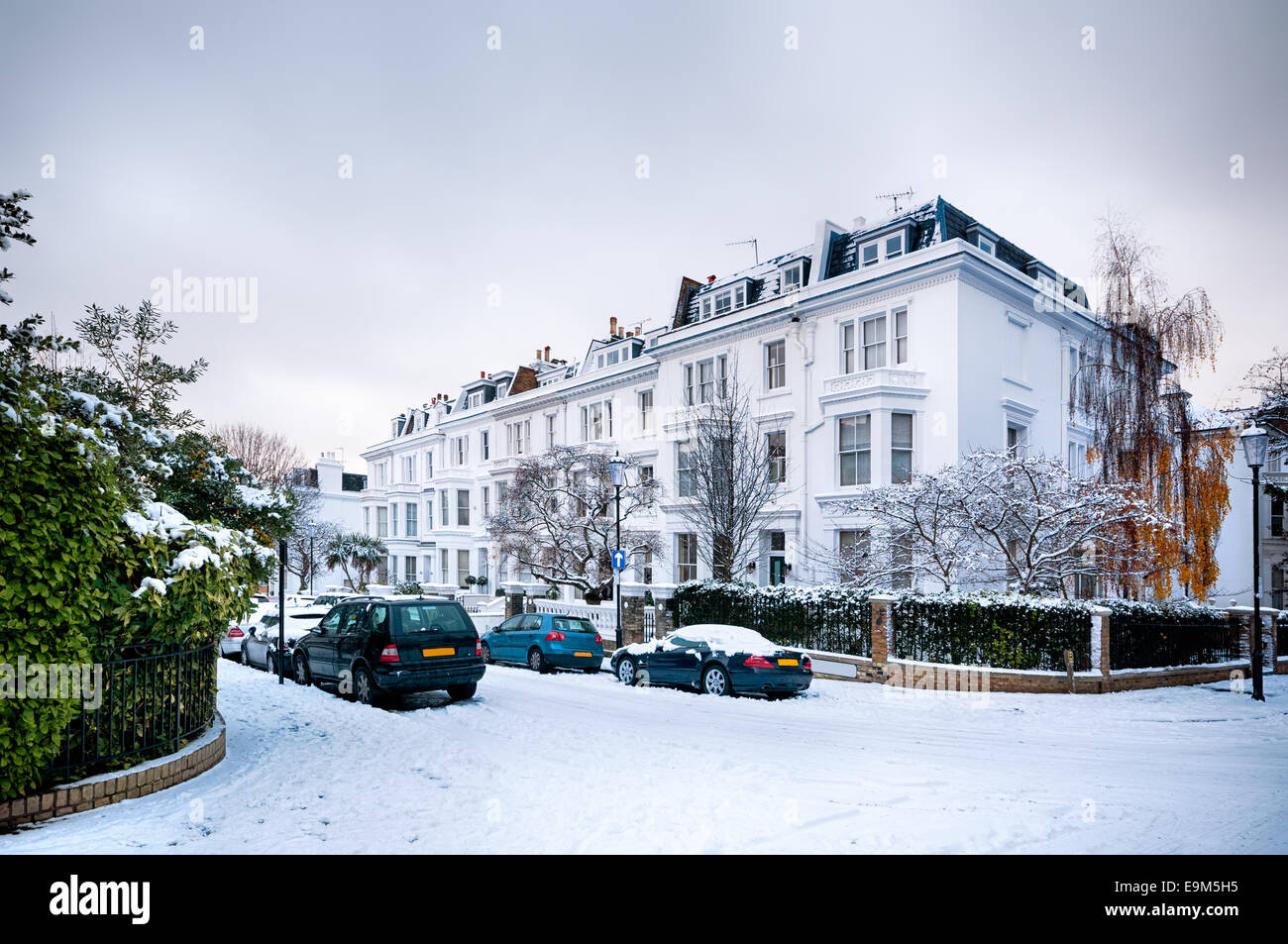 Snow covered street in Kensington, London. Stock Photo